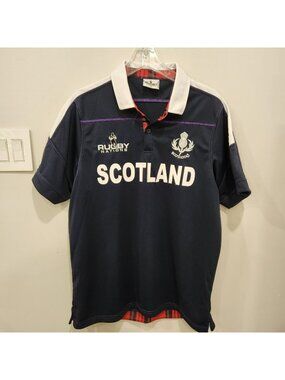 Vintage Rugby Nations Scotland Polo Shirt Mens Large Black Tartan Trim